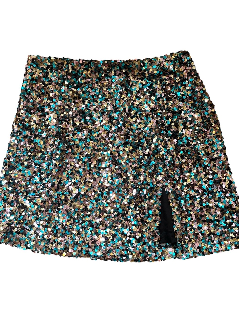Olivaceous Confetti Multicolor Sequin Mini Skirt with Front Slit Small
